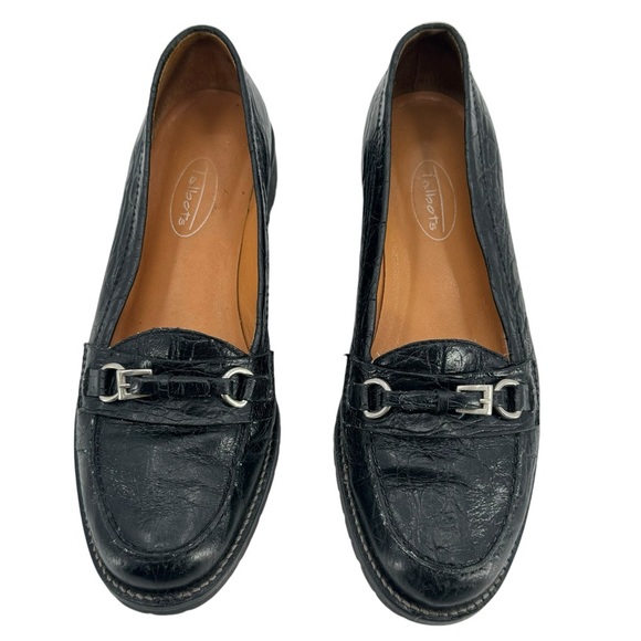 Talbots Black Leather Loafer Slip On Flats Croc Buckle Strap Lug Sole | Size 6 - Picture 3 of 10